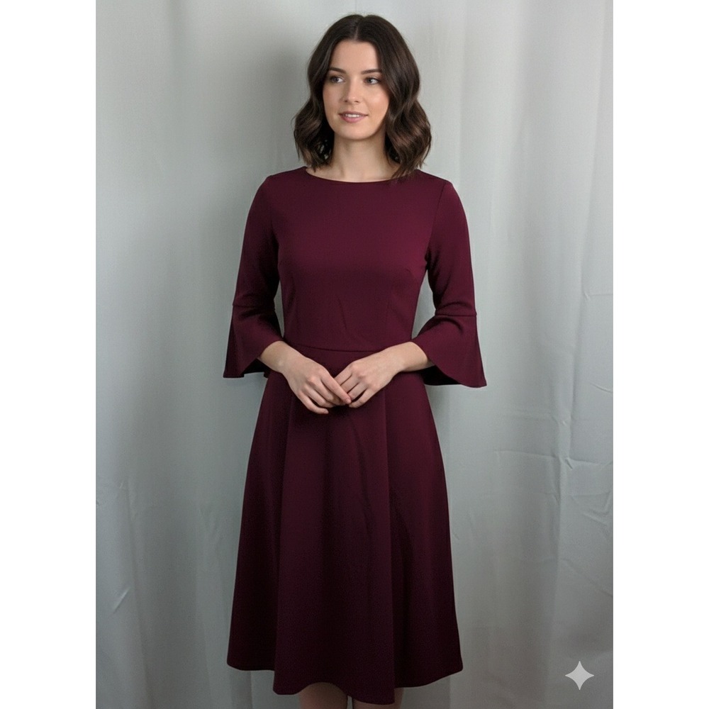 Homrain Vtg Burgundy Bell Sleeve Fit and Flare Midi Dres SZ S Boat Neck Cocktail